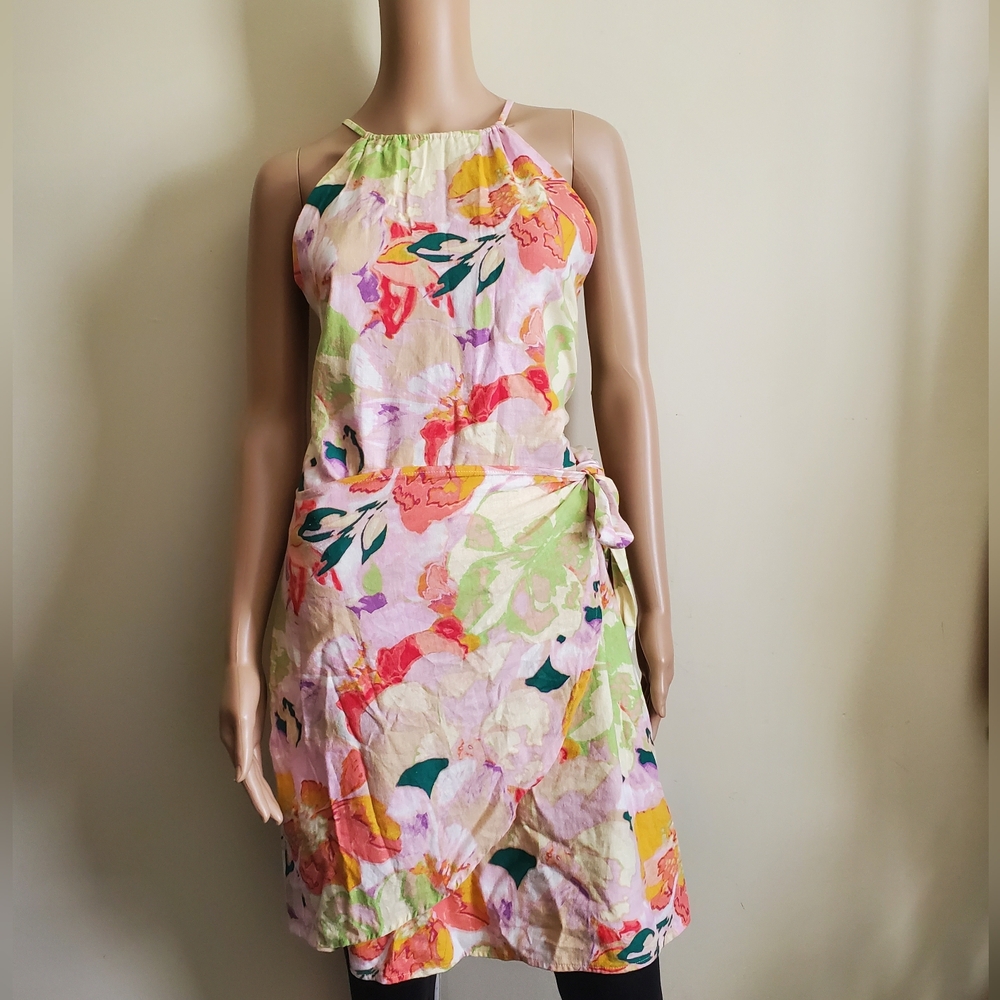 Bar III Floral Halter Wrap Dress - Pink, Green, Orange